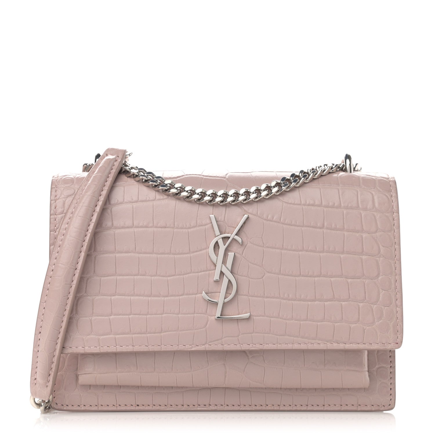 Saint Laurent Calfskin Crocodile Embossed Monogram Sunset Chain Wallet Marble Pink 1 of 10
