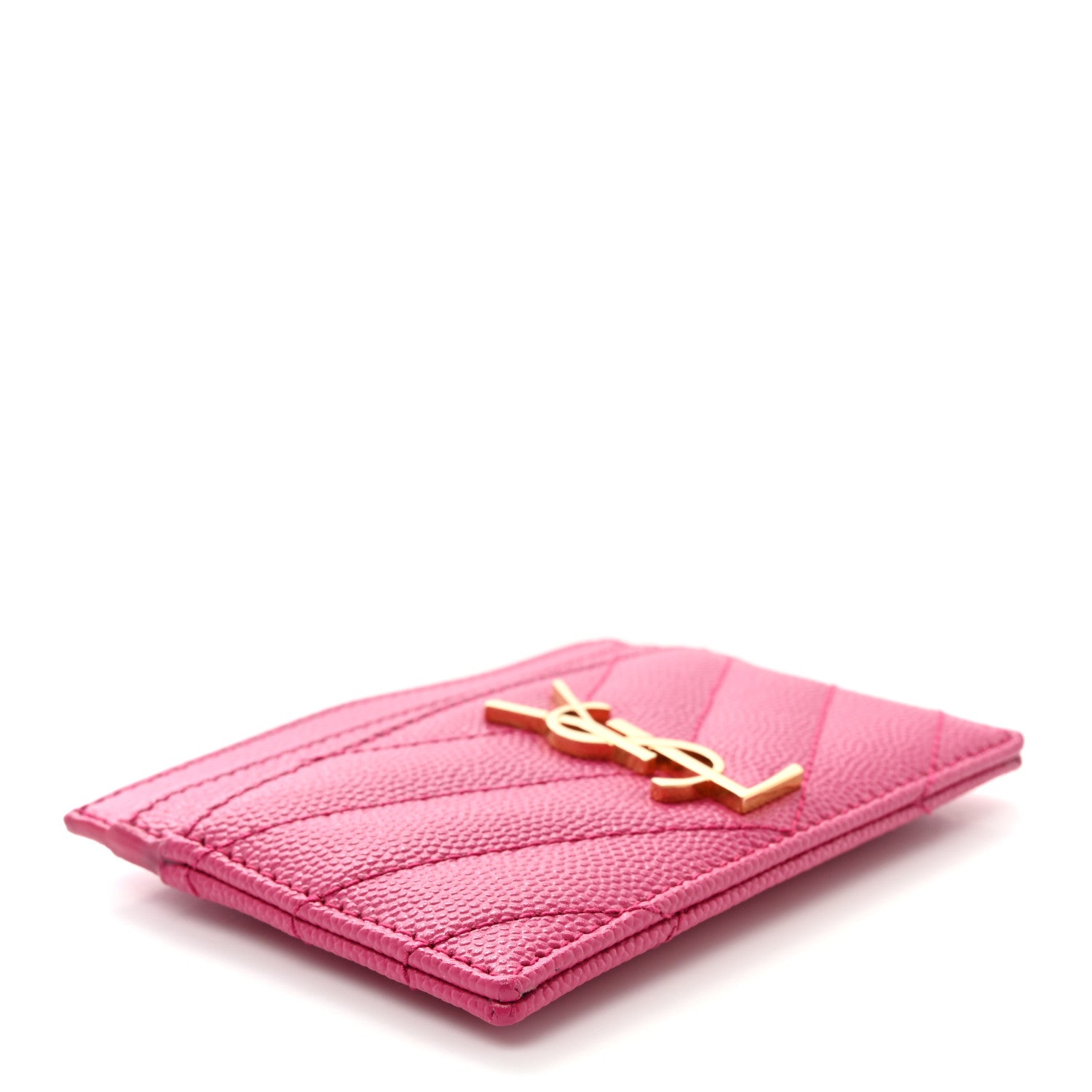 Saint Laurent Grain De Poudre Matelasse Chevron Monogram Credit Card Case Fresh Fuxia 4 of 9