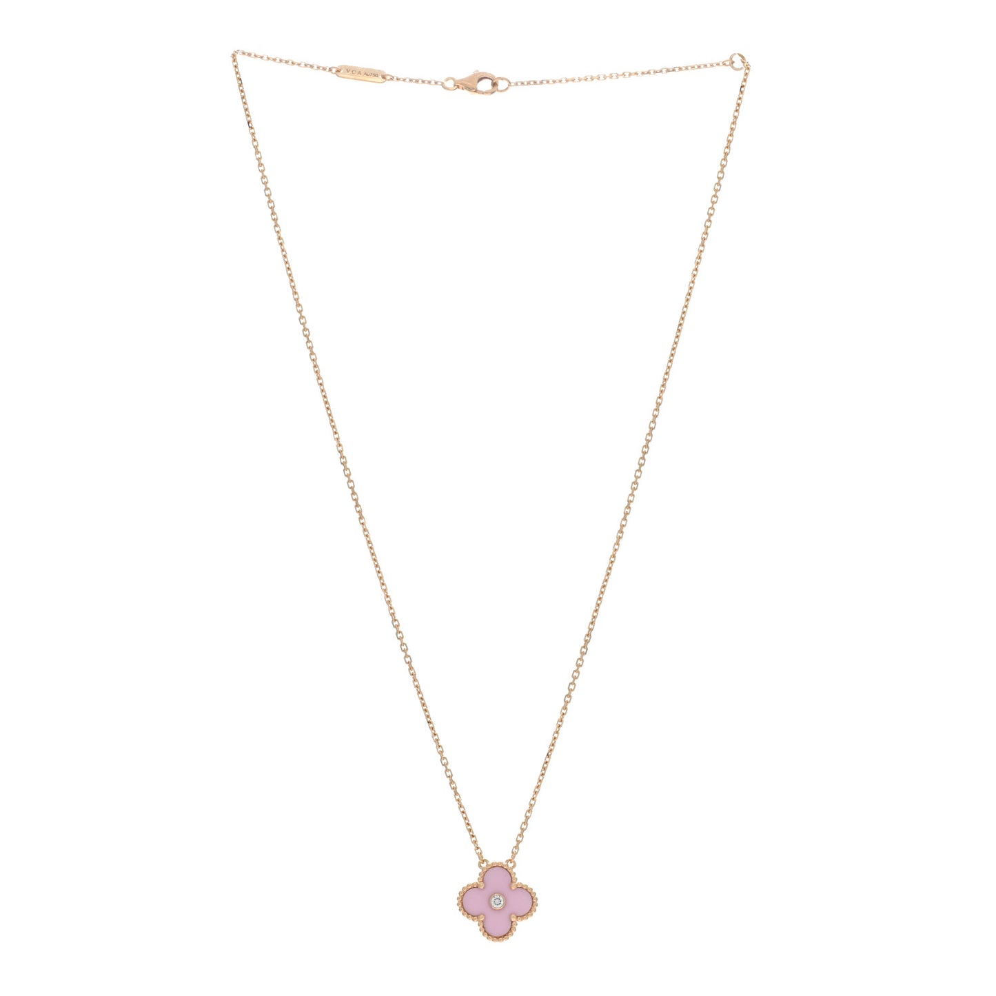 VAN CLEEF & ARPELS 18K Rose Gold Diamond Pink Porcelain Vintage Alhambra Pendant Necklace