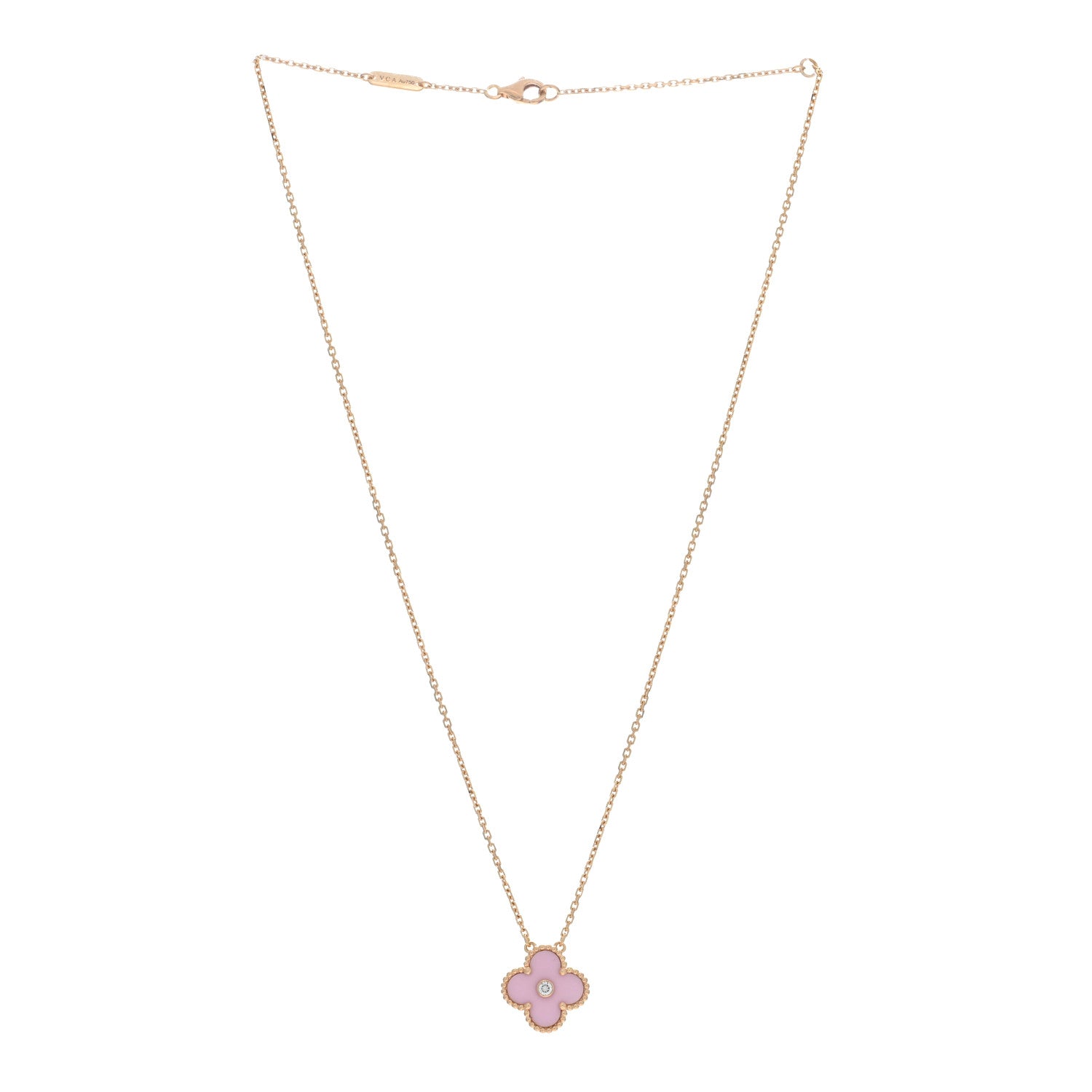 Van Cleef & Arpels VAN CLEEF & ARPELS 18K Rose Gold Diamond Pink Porcelain Vintage Alhambra Pendant Necklace 3 of 4