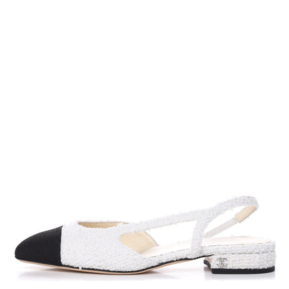 Chanel Tweed Cap Toe CC Slingback Flat 37 White Black 1 of 9