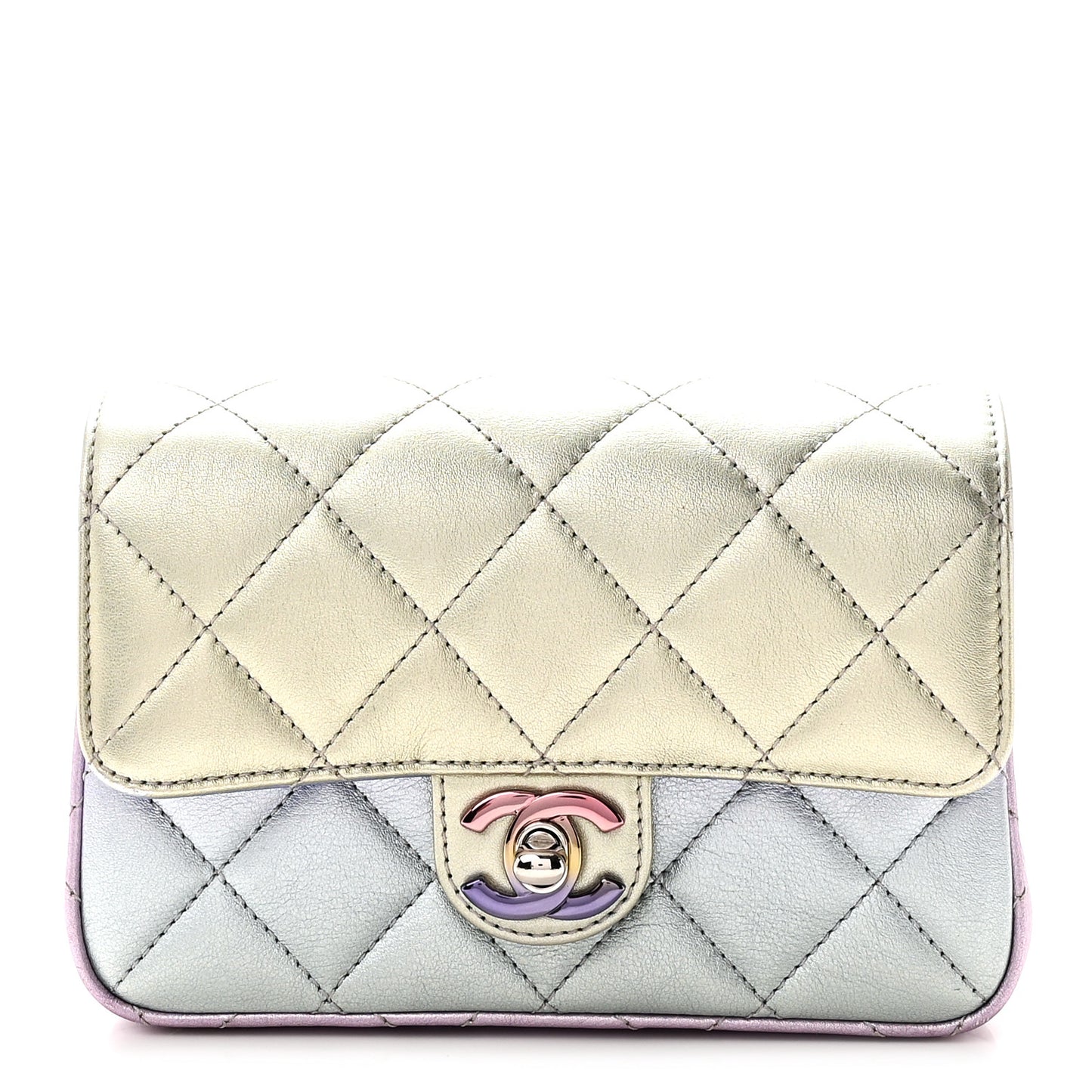 Gradient Metallic Calfskin Quilted Clutch Silver Blue Yellow Purple