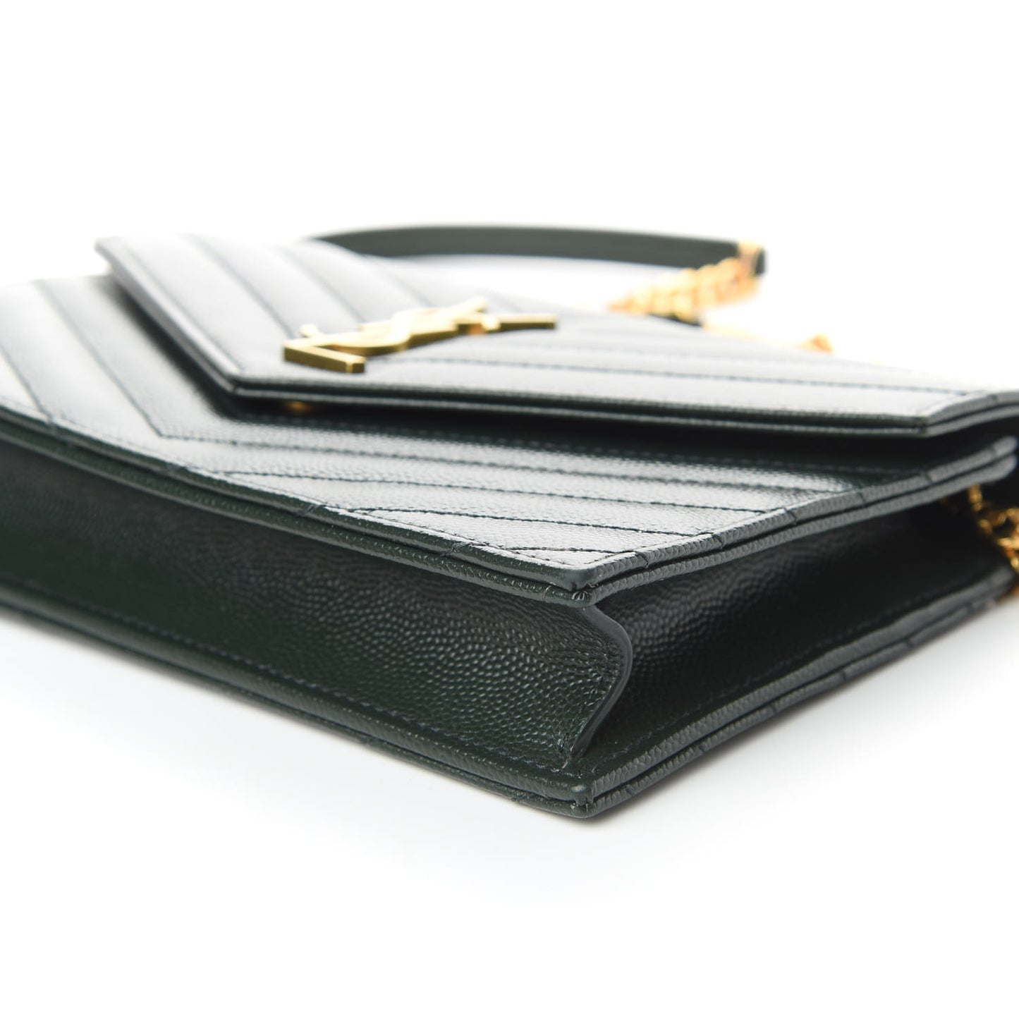 Grain De Poudre Matelasse Chevron Monogram Envelope Chain Wallet Dark Green