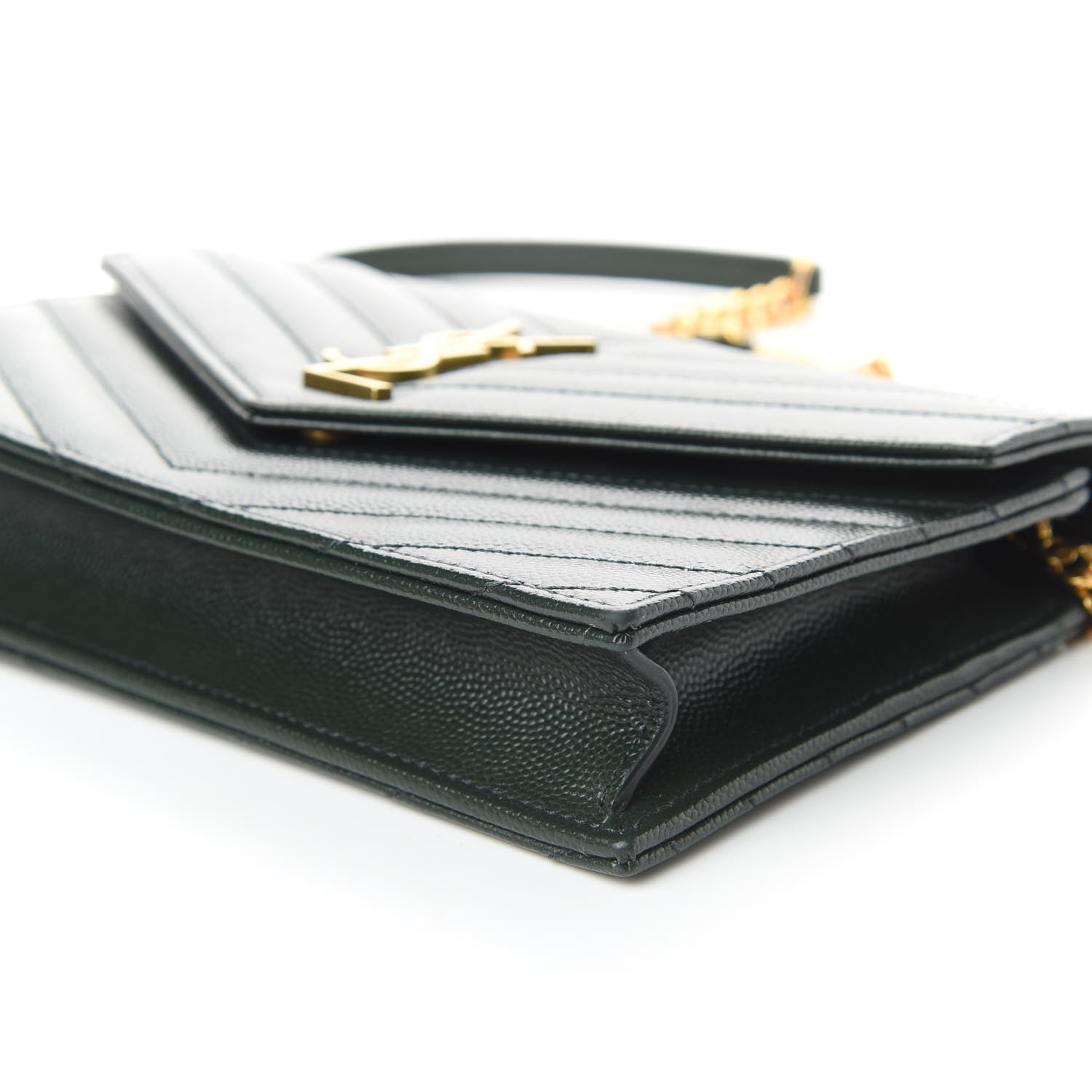 Saint Laurent Grain De Poudre Matelasse Chevron Monogram Envelope Chain Wallet Dark Green 6 of 9