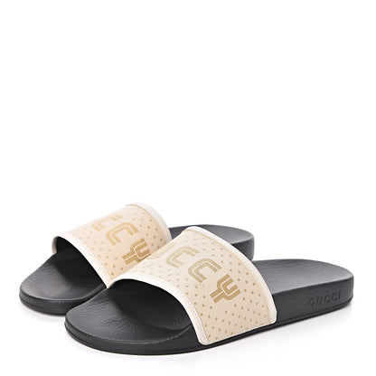 Gucci X SEGA Supreme Canvas GUCCY Stars Womens Slide Sandals 39 Mystic White Gold 3 of 7