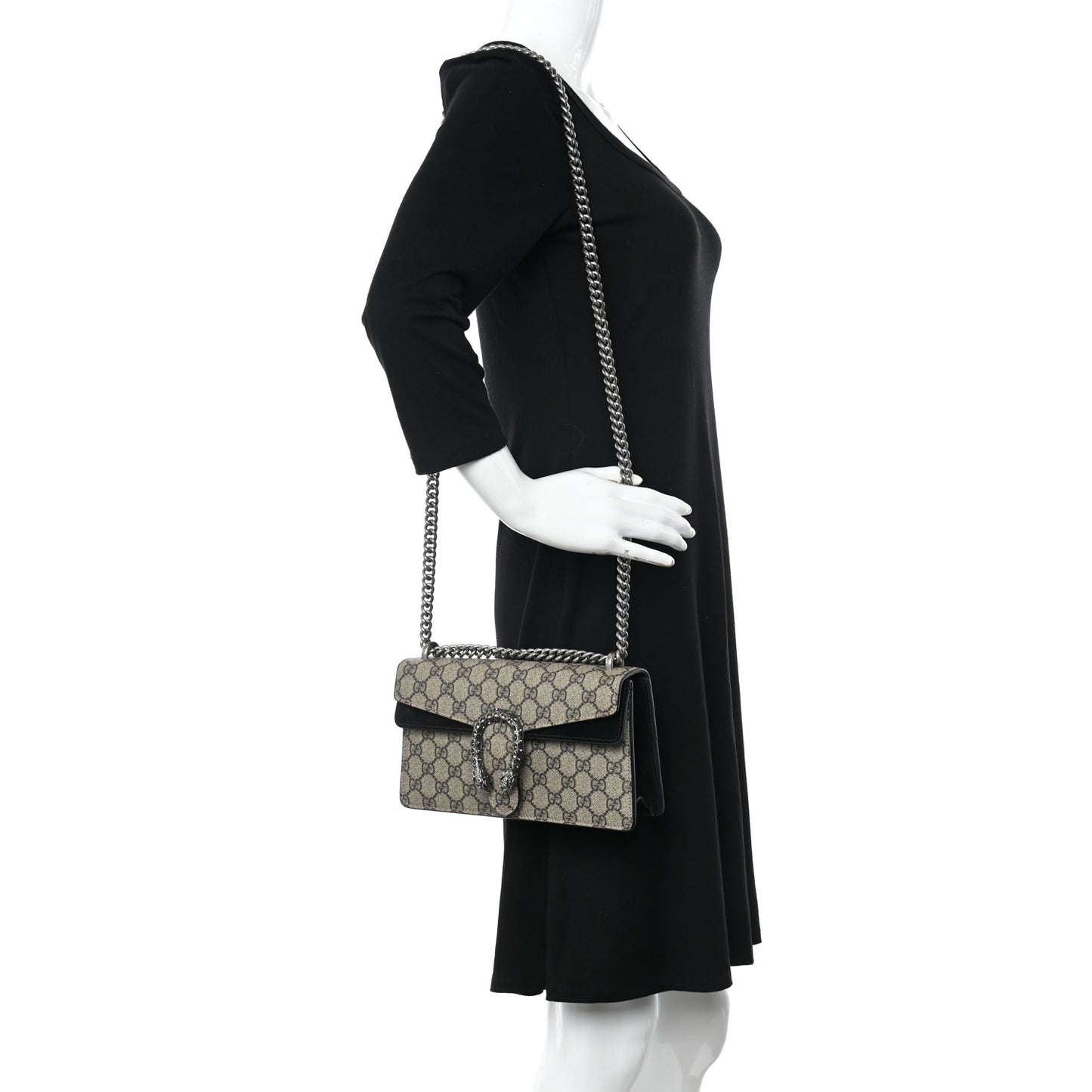GG Supreme Monogram Suede Crystal Small Dionysus Shoulder Bag Beige Ebony Black