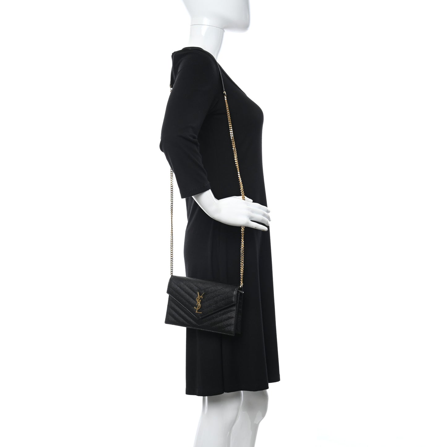 Grain De Poudre Matelasse Chevron Monogram Envelope Chain Wallet Black