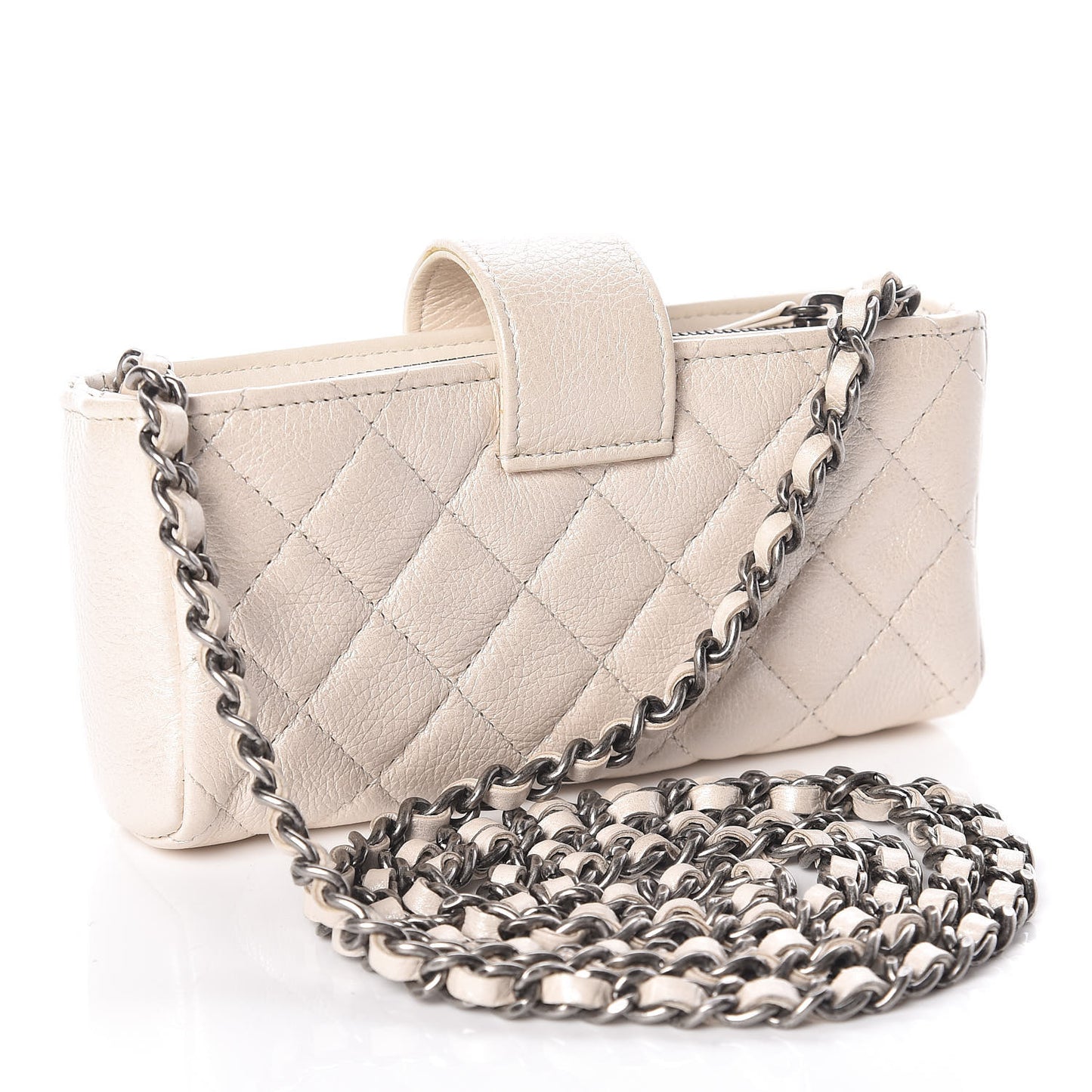 Metallic Calfskin Quilted Lucky Charms Mini Phone Holder Clutch Ivory