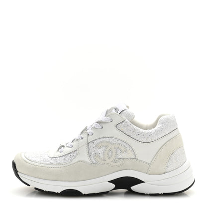 Chanel Painted Iridescent Cotton Tweed Suede Calfskin Womens CC Sneakers 36 White Silver Multicolor 1 of 10