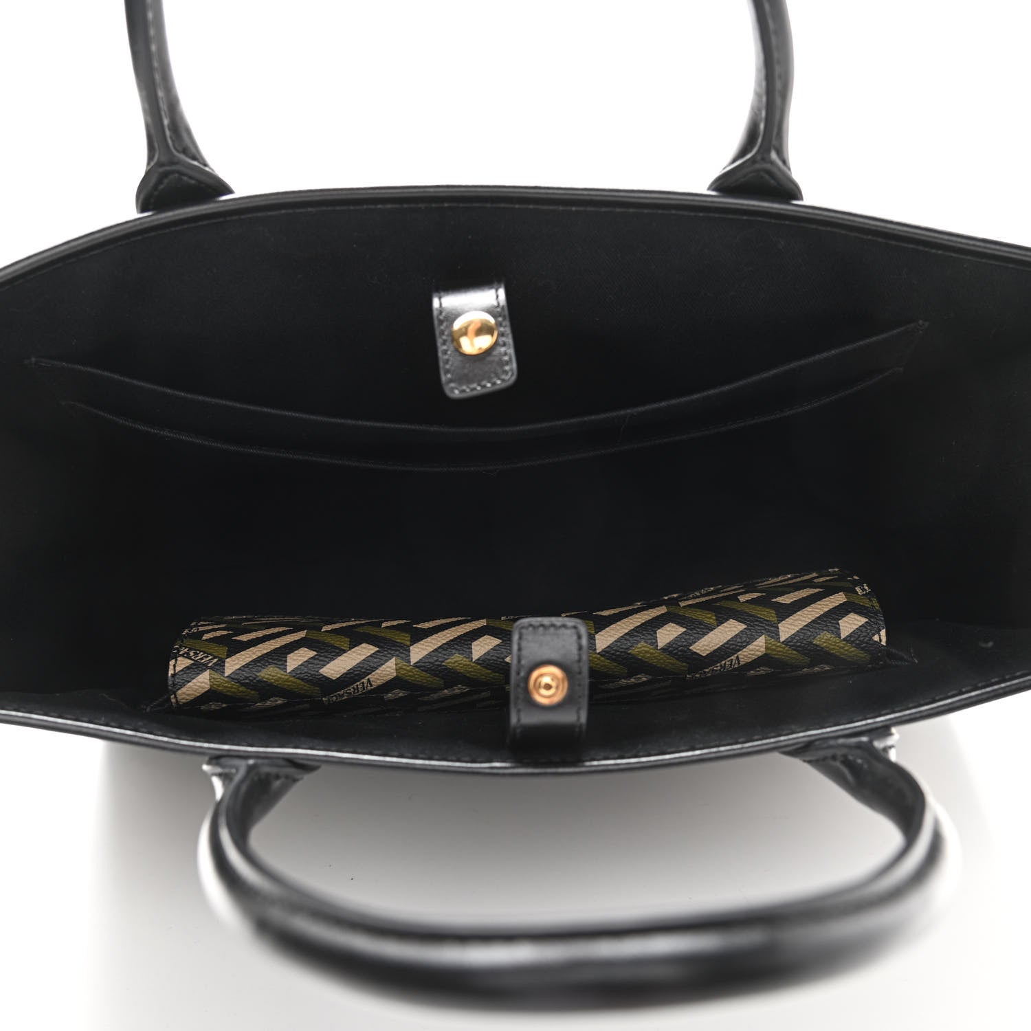 Versace Coated Canvas Calfskin La Greca Signature Tote Bag Black Khaki 5 of 10