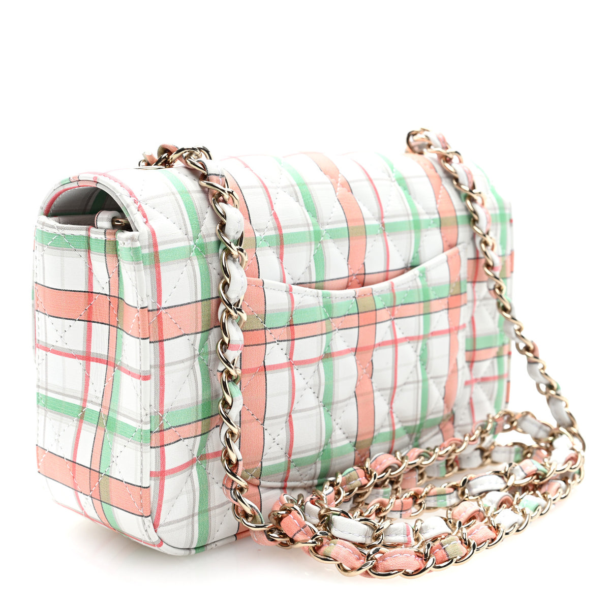 Calfskin Quilted Plaid Printed Small Single Flap White Multicolor
