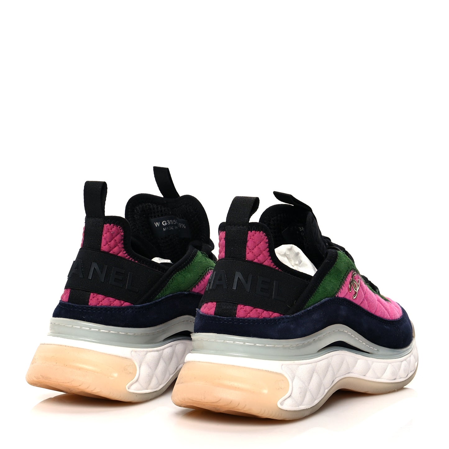 Velvet Calfskin Mixed Fibers CC Sneakers 39.5 Dark Pink Green