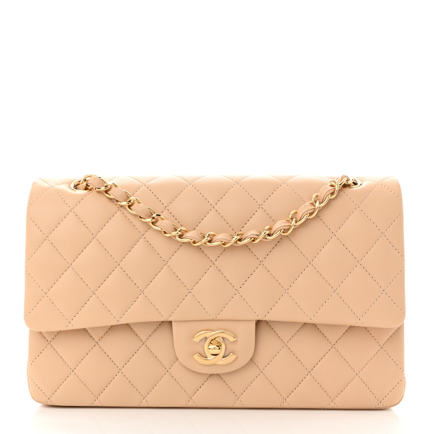 Lambskin Quilted Medium Double Flap Beige