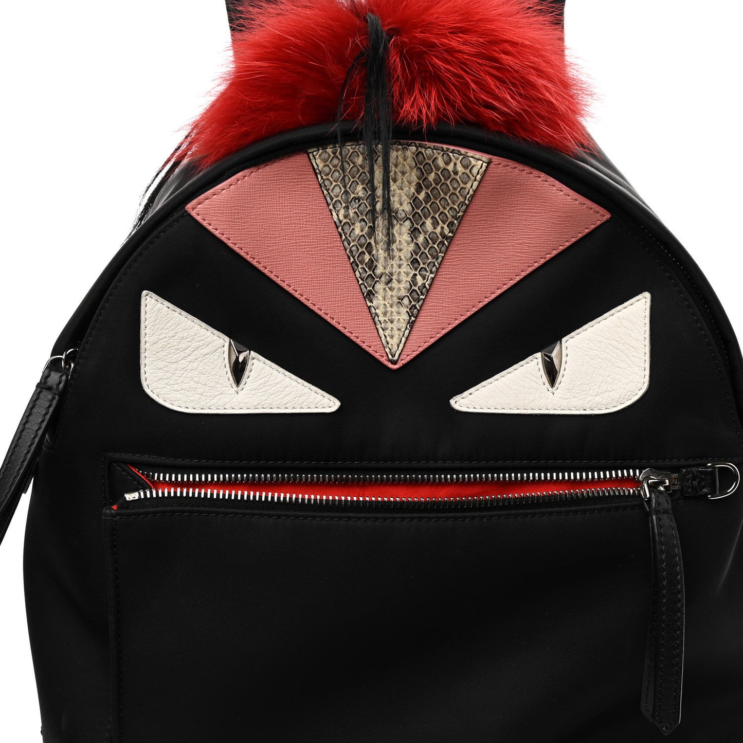 Nylon Vitello Dolce Elaphe Fox Fur Monster Eyes Backpack Black Natural Bordeaux Multicolor