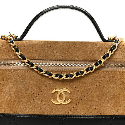 Chanel Suede Calfskin Shiny Lambskin Stitched Top Handle Slim Vanity With Chain Beige Black 8 of 11