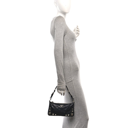 Prada Calfskin Studded Shoulder Bag Black 2 of 12