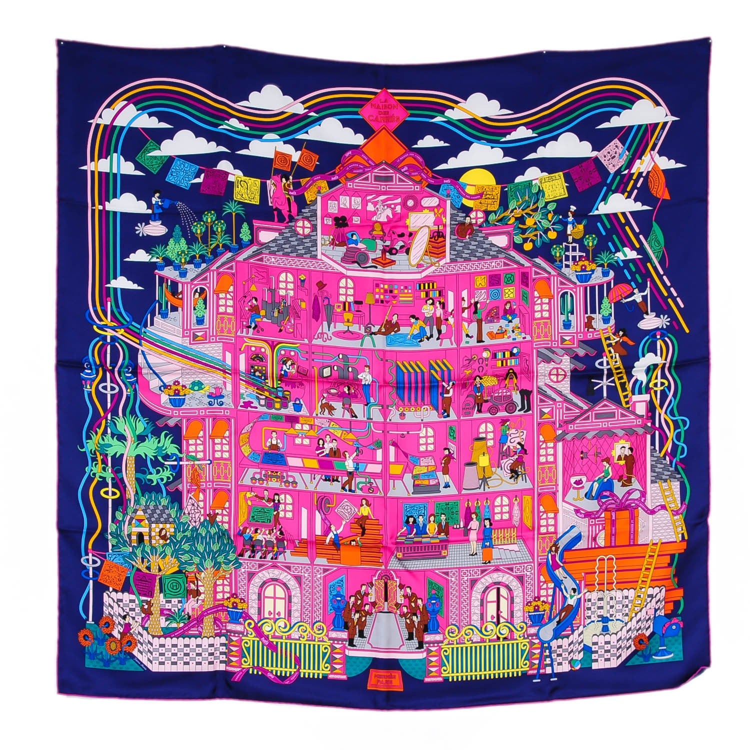 Hermes Silk La Maizeon Des Carres Scarf 90 Marine Rose Vert 2 of 8