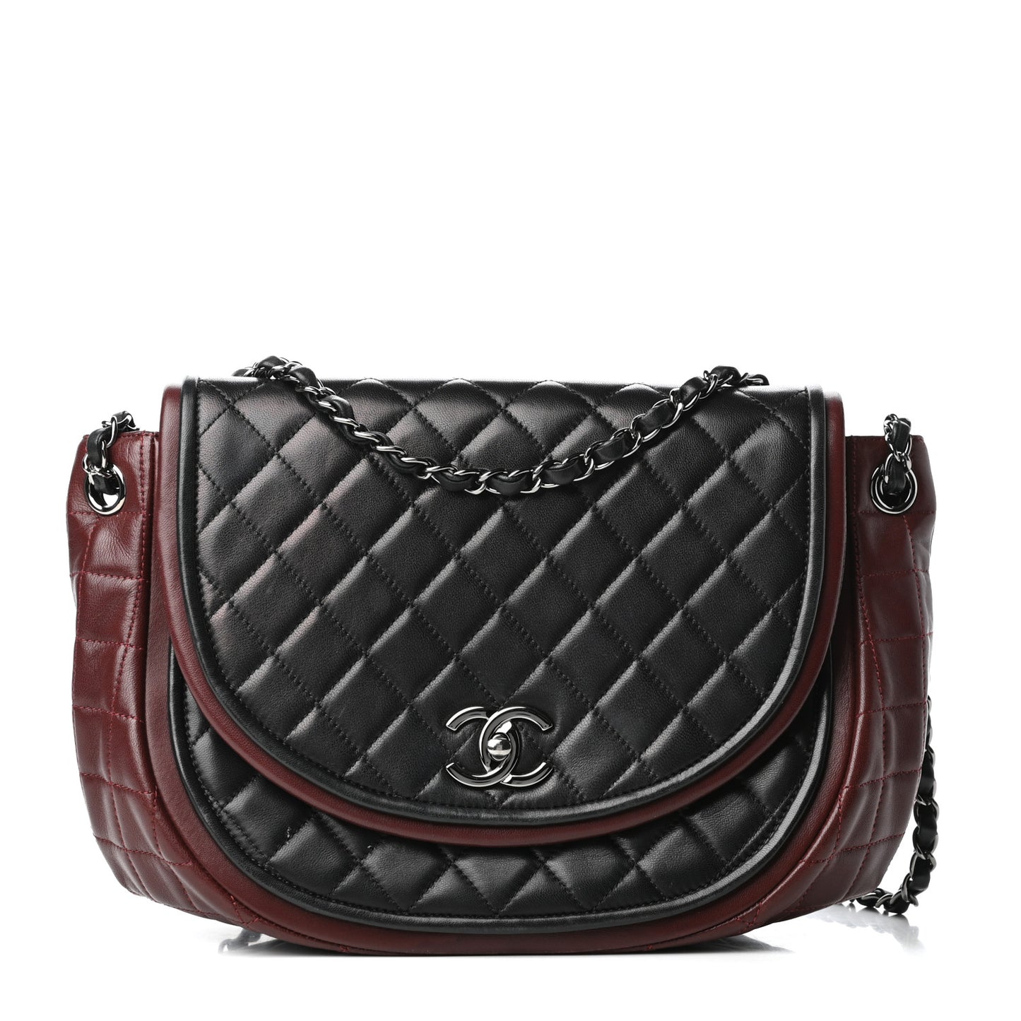 Lambskin Quilted Large Classic Twist Crescent Flap Black Burgundy