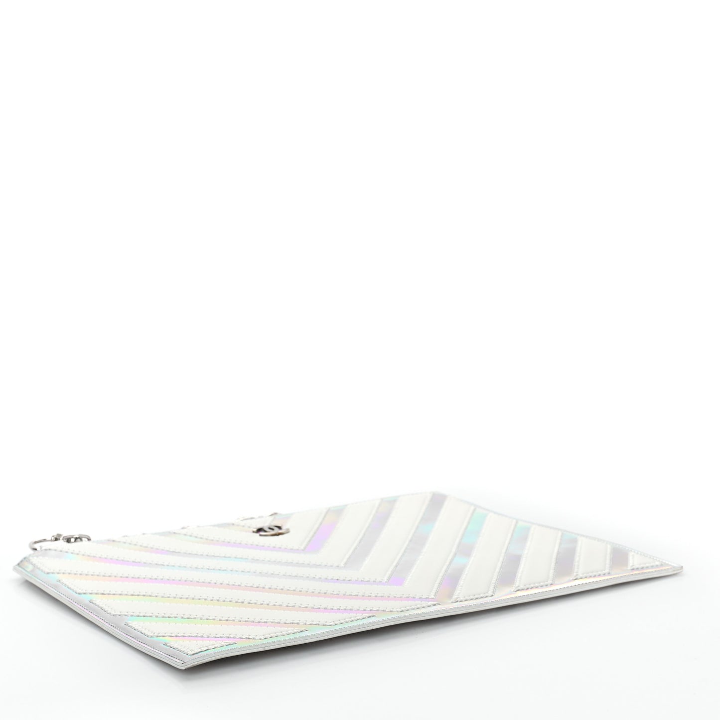 Lambskin Metallic Chevron Zip Pouch White Silver