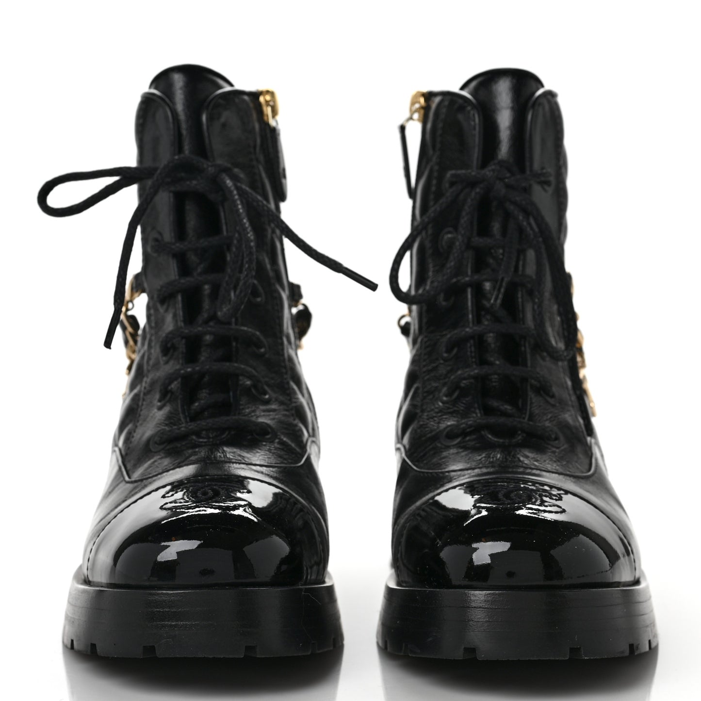 Shiny Calfskin Patent Quilted Chain Lace Up Combat Boots 36.5 Black