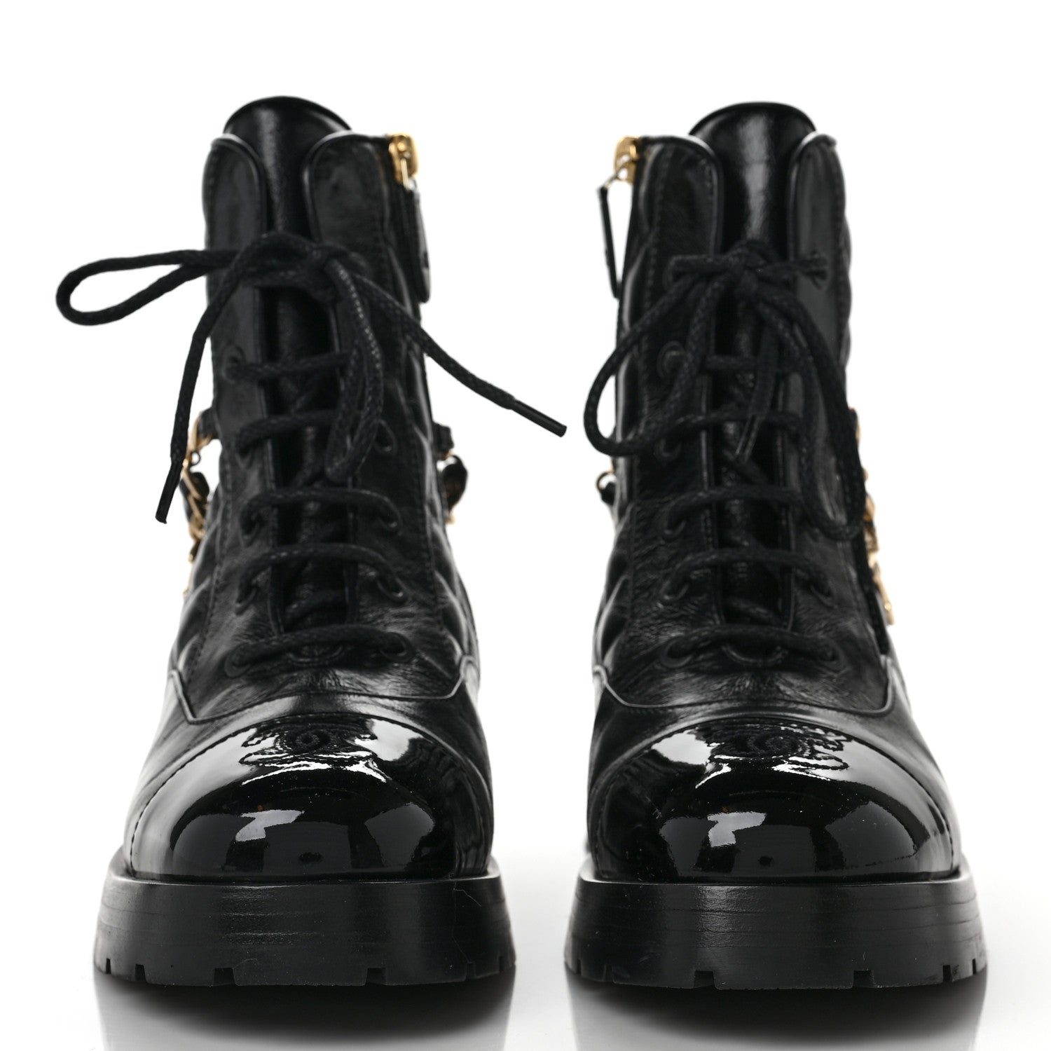 Chanel Shiny Calfskin Patent Quilted Chain Lace Up Combat Boots 36.5 Black 2 of 10