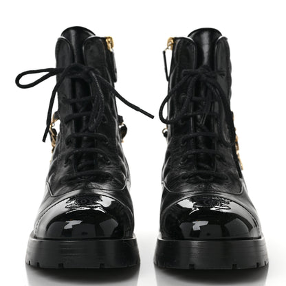 Chanel Shiny Calfskin Patent Quilted Chain Lace Up Combat Boots 36.5 Black 2 of 10