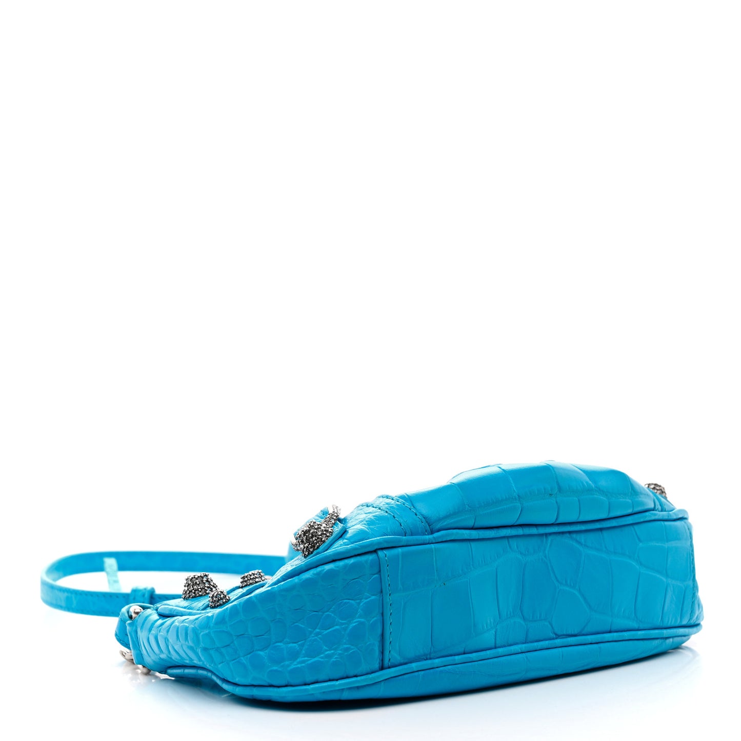 Extra Supple Calfskin Crocodile Embossed Crystal Mini Le Cagole Purse With Chain Cyan