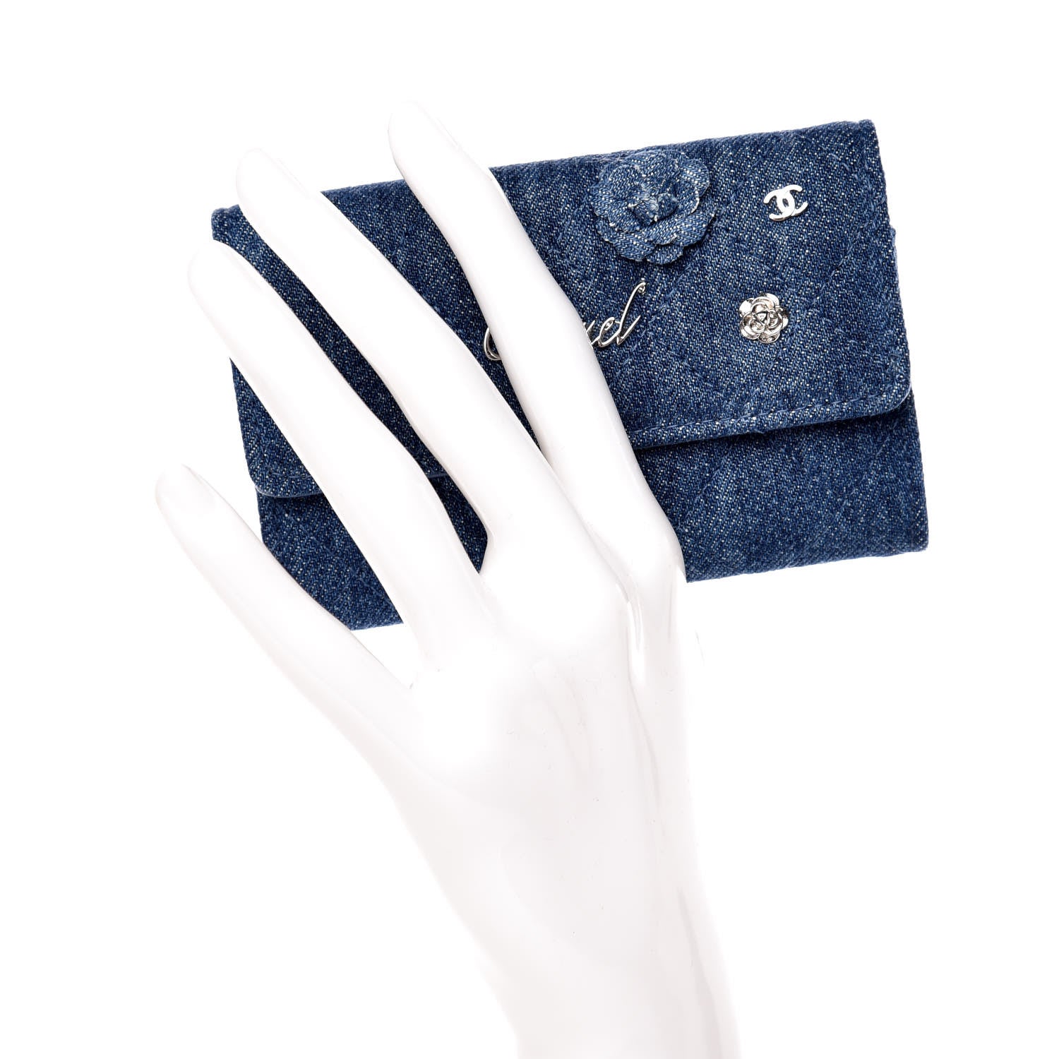 Chanel Denim Camelia Charms Card Holder Blue 2 of 9