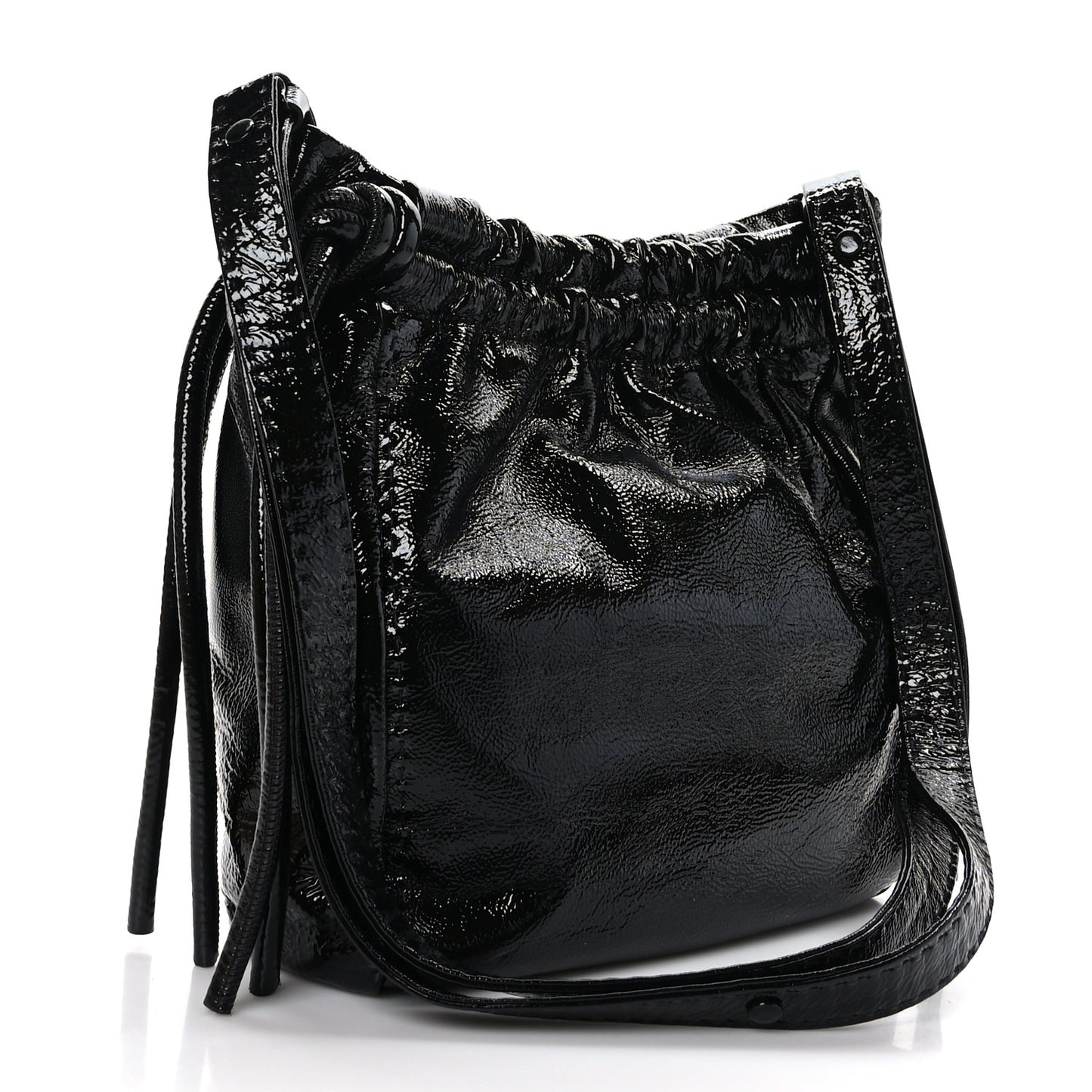 Crinkled Patent Calfskin Drawstring Pouch Black