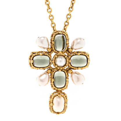 Saint Laurent Crystal Pearl Cross Pendant Necklace Gold 4 of 6
