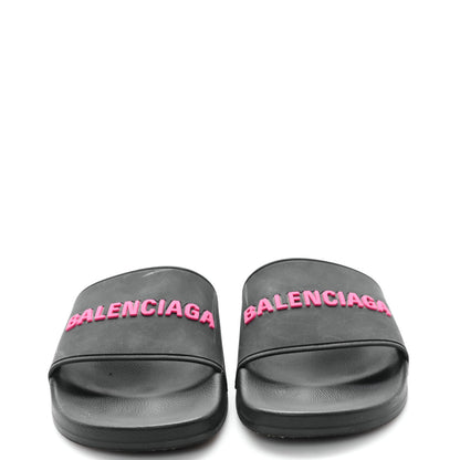 Balenciaga Rubber Womens Logo Pool Slide Sandals 39 Black Fuschia 3 of 9