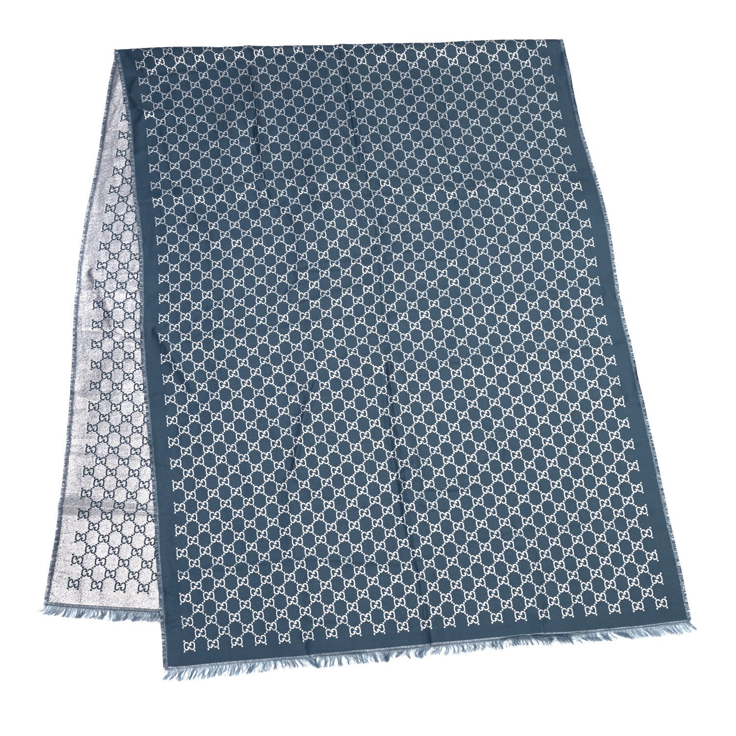 Gucci Cotton Lame GG Monogram Argentavio Fringe Scarf Periwinkle Light Grey 2 of 4