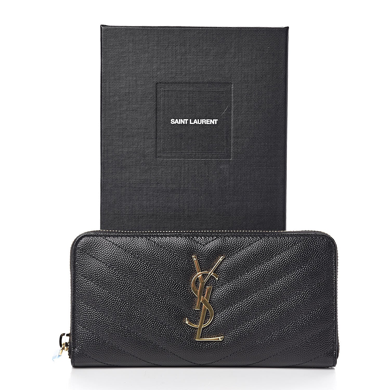 Saint Laurent Grain De Poudre Matelasse Chevron Monogram Zip Around Wallet Black 7 of 7