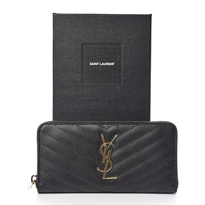 Saint Laurent Grain De Poudre Matelasse Chevron Monogram Zip Around Wallet Black 7 of 7