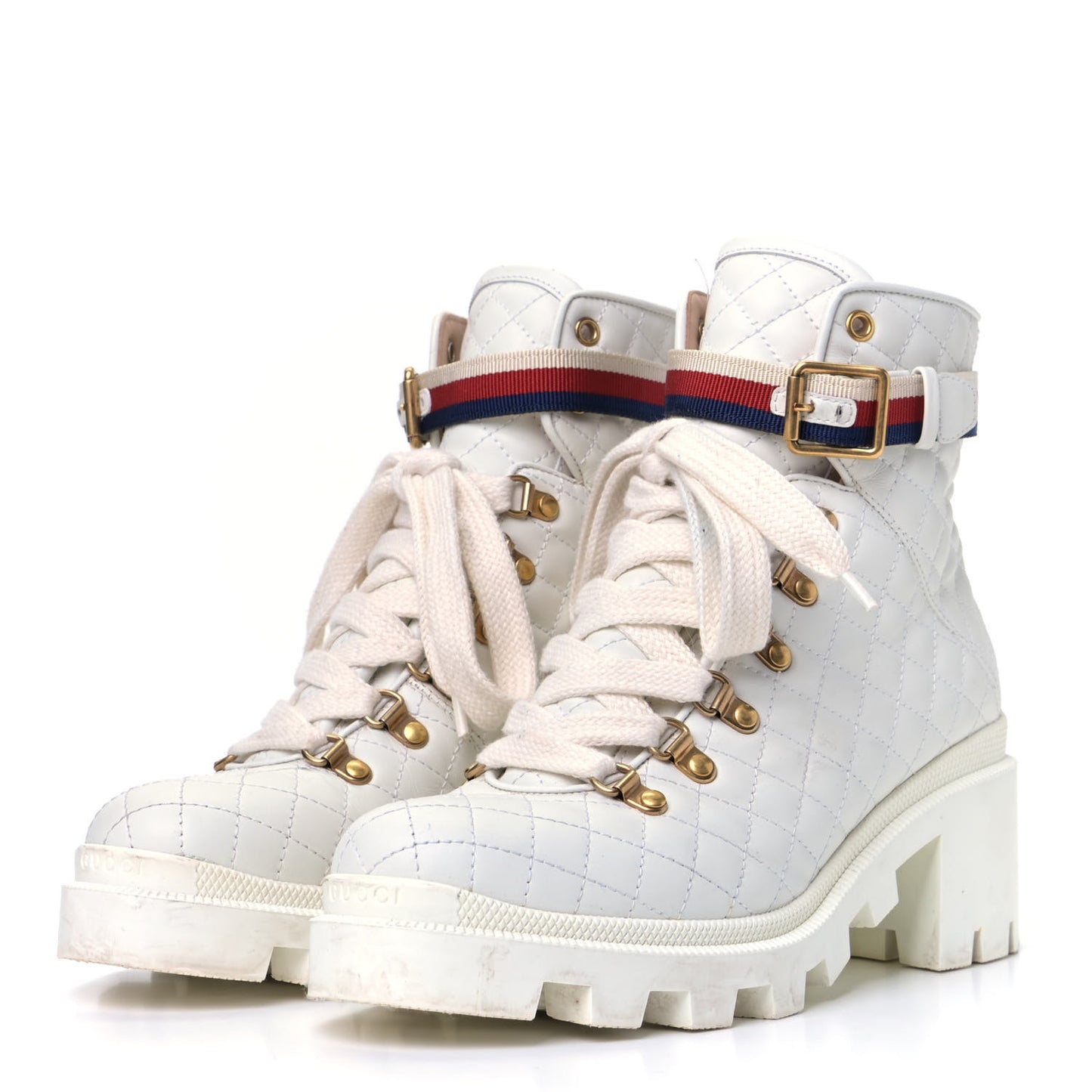 Calfskin Quilted Sylvie Web Lace Up Combat Ankle Boots 39.5 White
