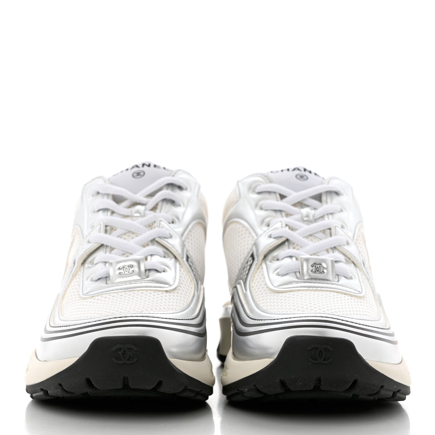 Fabric Laminated Calfskin Stretch CC Sneakers 38.5 White Silver
