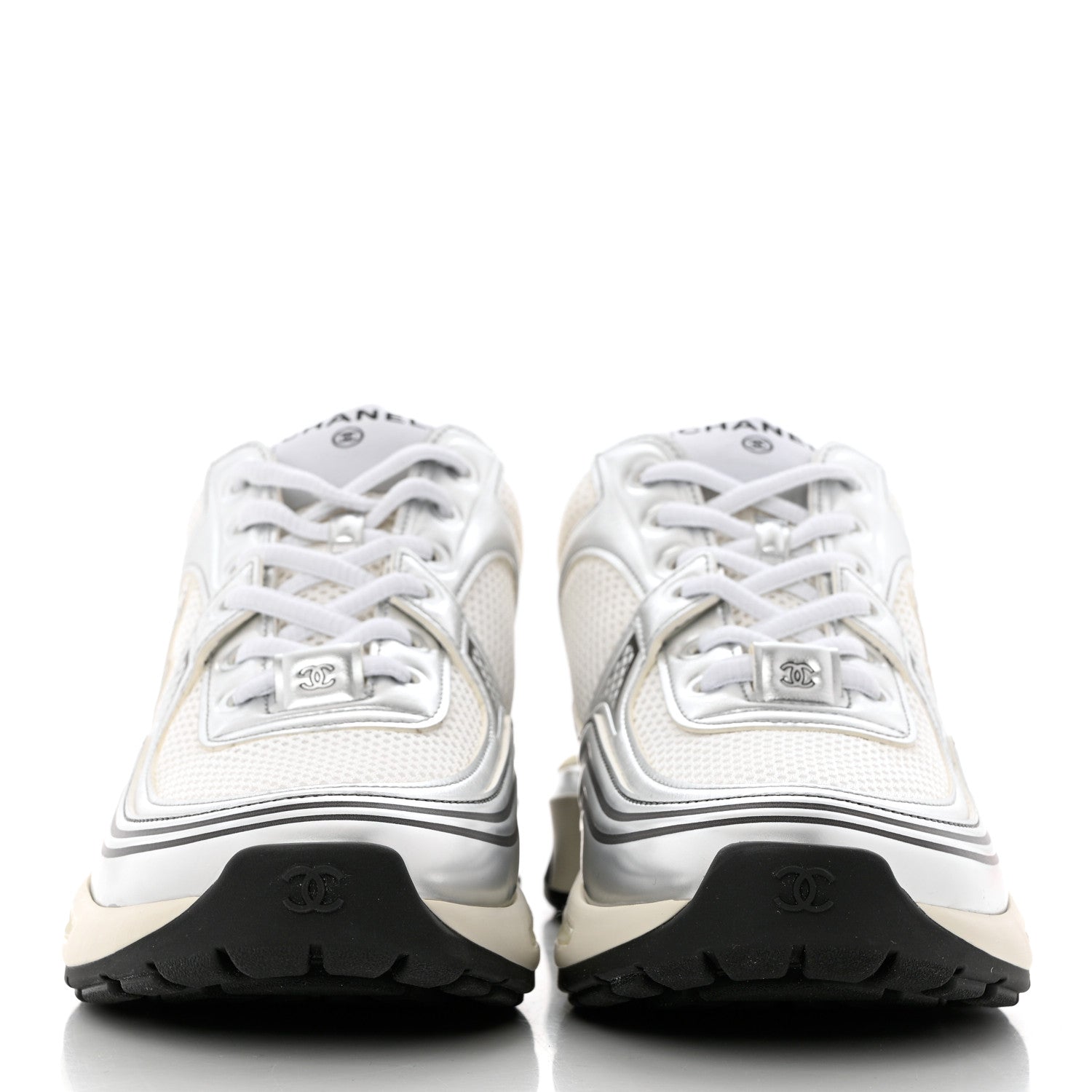 Chanel Fabric Laminated Calfskin Stretch CC Sneakers 38.5 White Silver 2 of 9