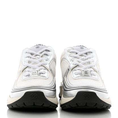 Chanel Fabric Laminated Calfskin Stretch CC Sneakers 38.5 White Silver 2 of 9
