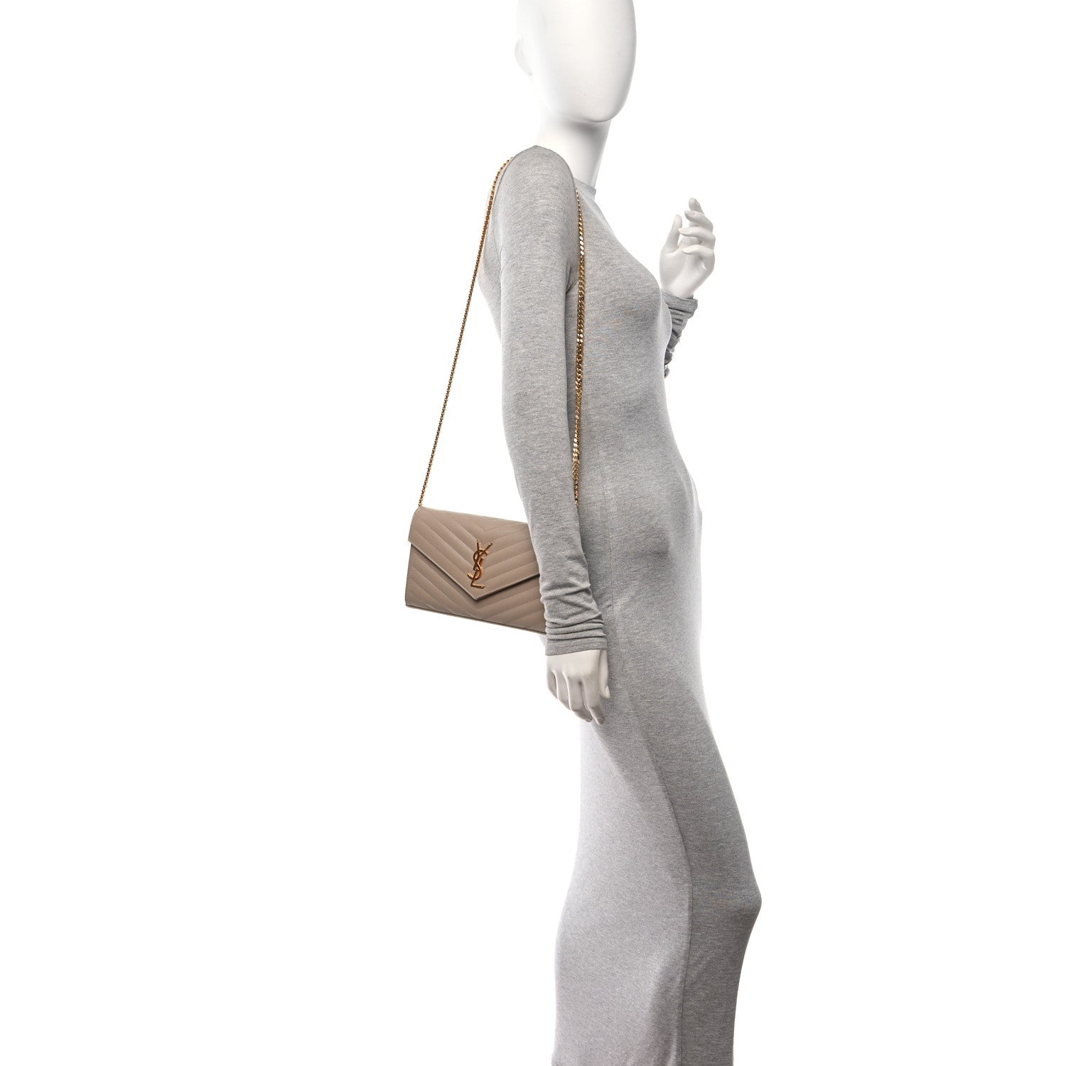 Saint Laurent Grain De Poudre Matelasse Chevron Monogram Chain Wallet Nude Powder 2 of 11
