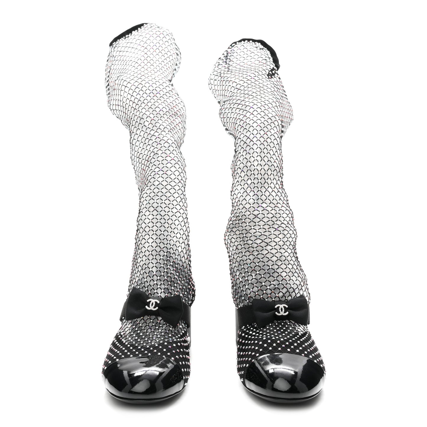 Mesh Crystal Patent CC Bow High Boots 40 Black