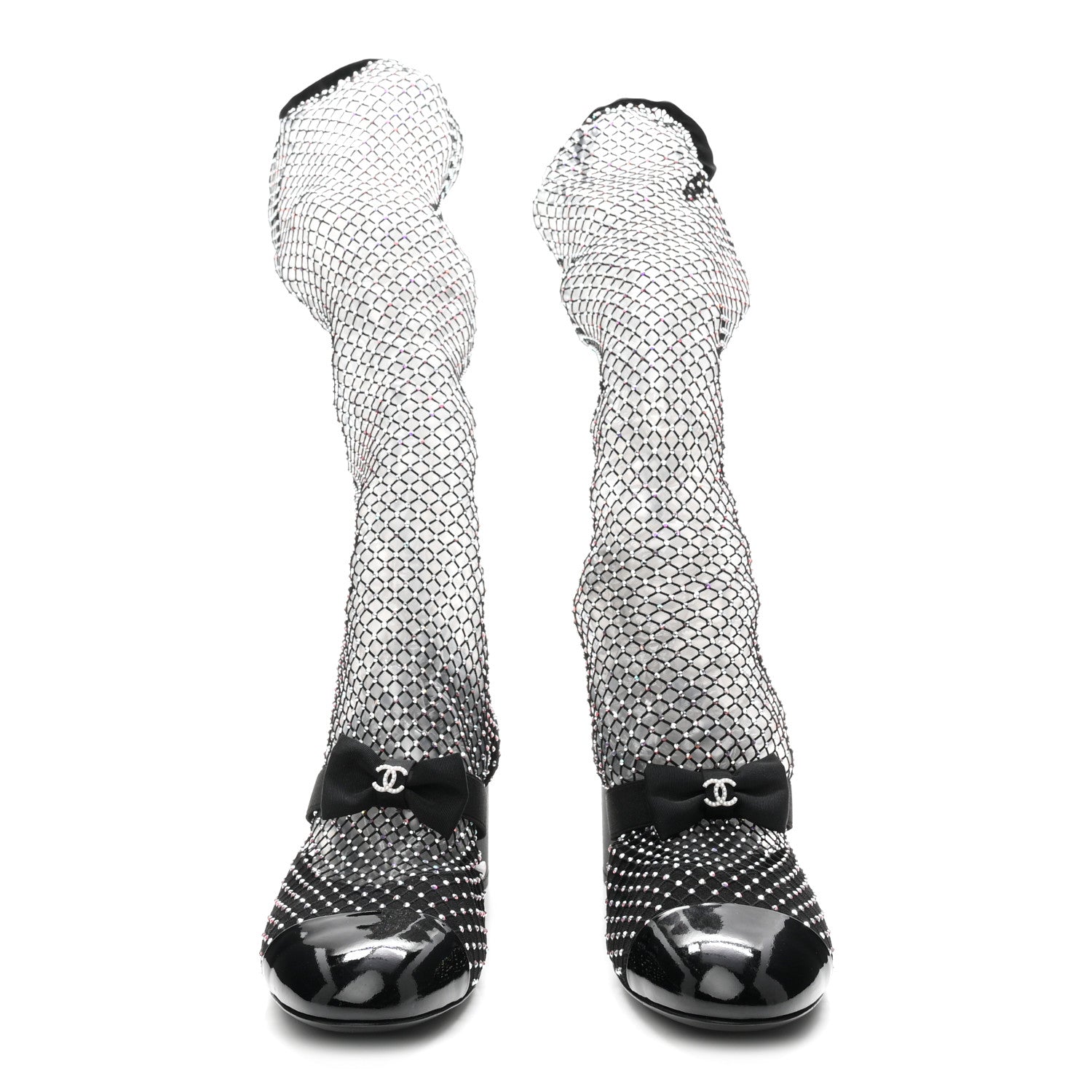 Chanel Mesh Crystal Patent CC Bow High Boots 40 Black 3 of 8