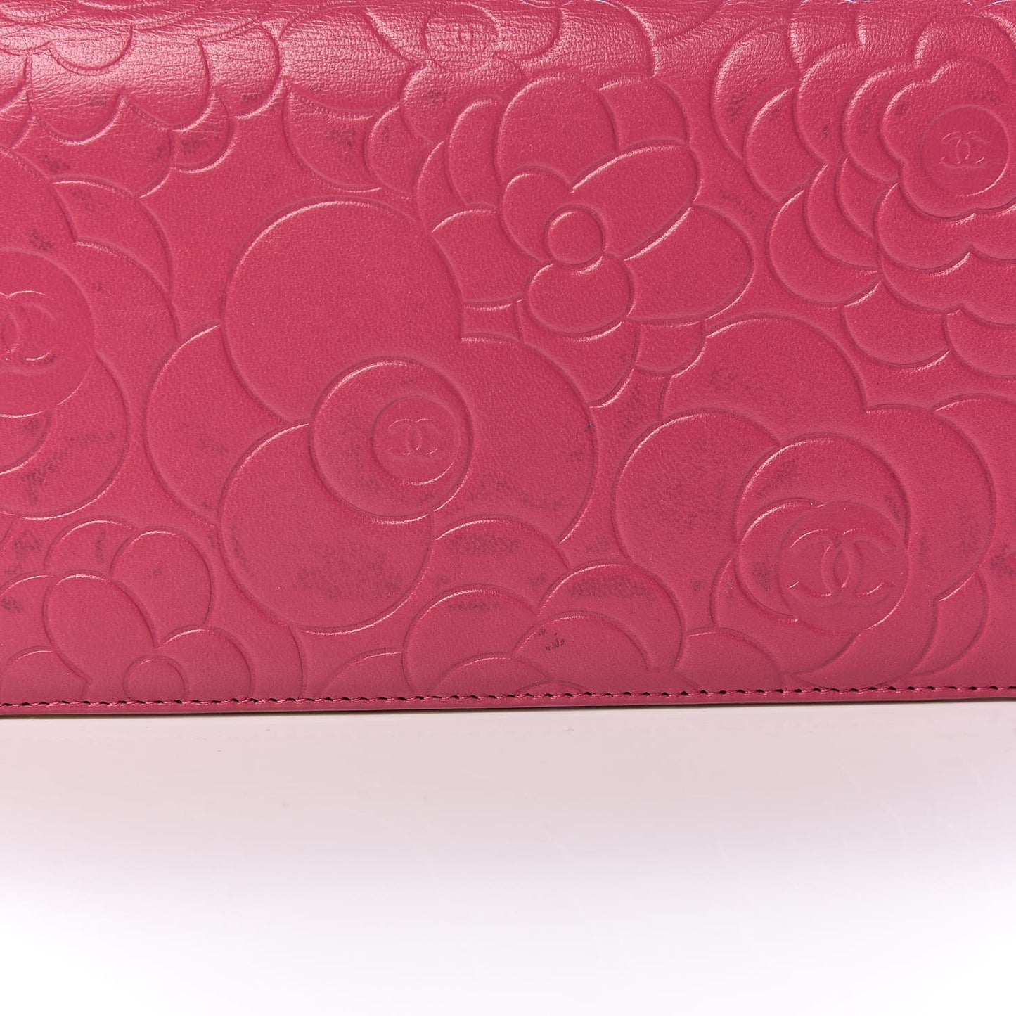 Lambskin Camellia Embossed Yen Wallet Fuchsia