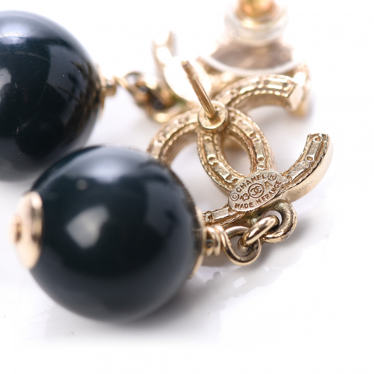Chanel CC Bead Drop Earrings Dark Green Gold 4 of 5