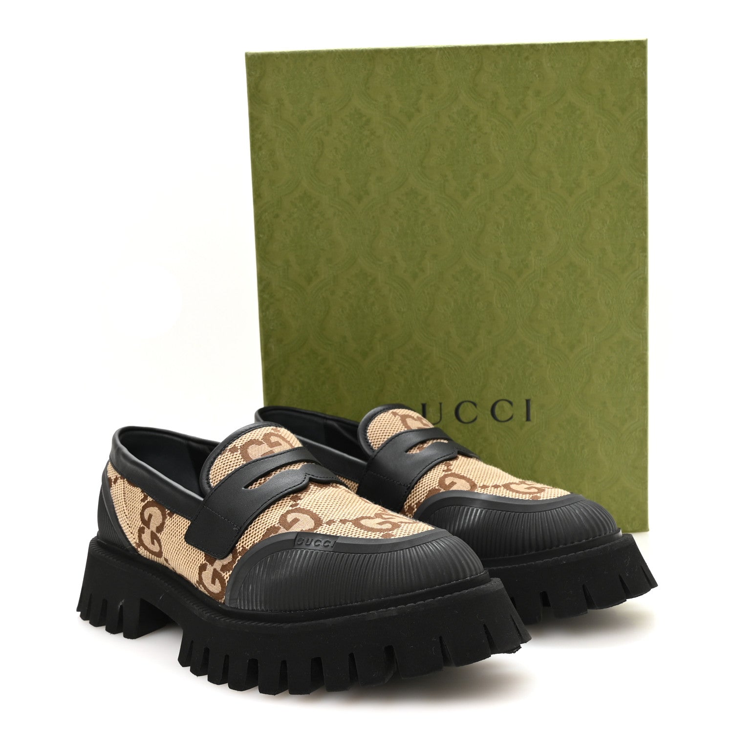 Gucci Monogram Jumbo GG Miro Soft Calfskin Mens Lug Sole Loafers 9 Camel Ebony Black 9 of 9
