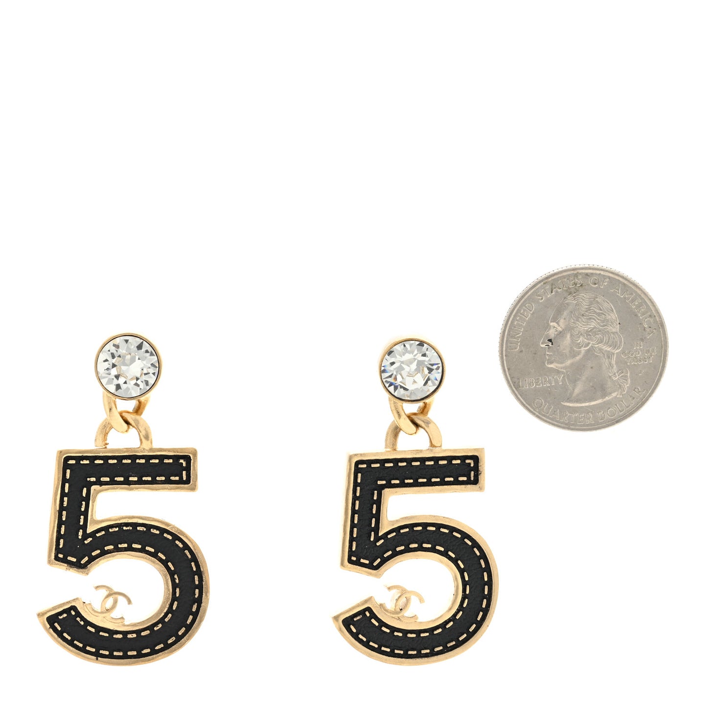 Metal CC No 5 Crystal Drop Earrings Gold Black