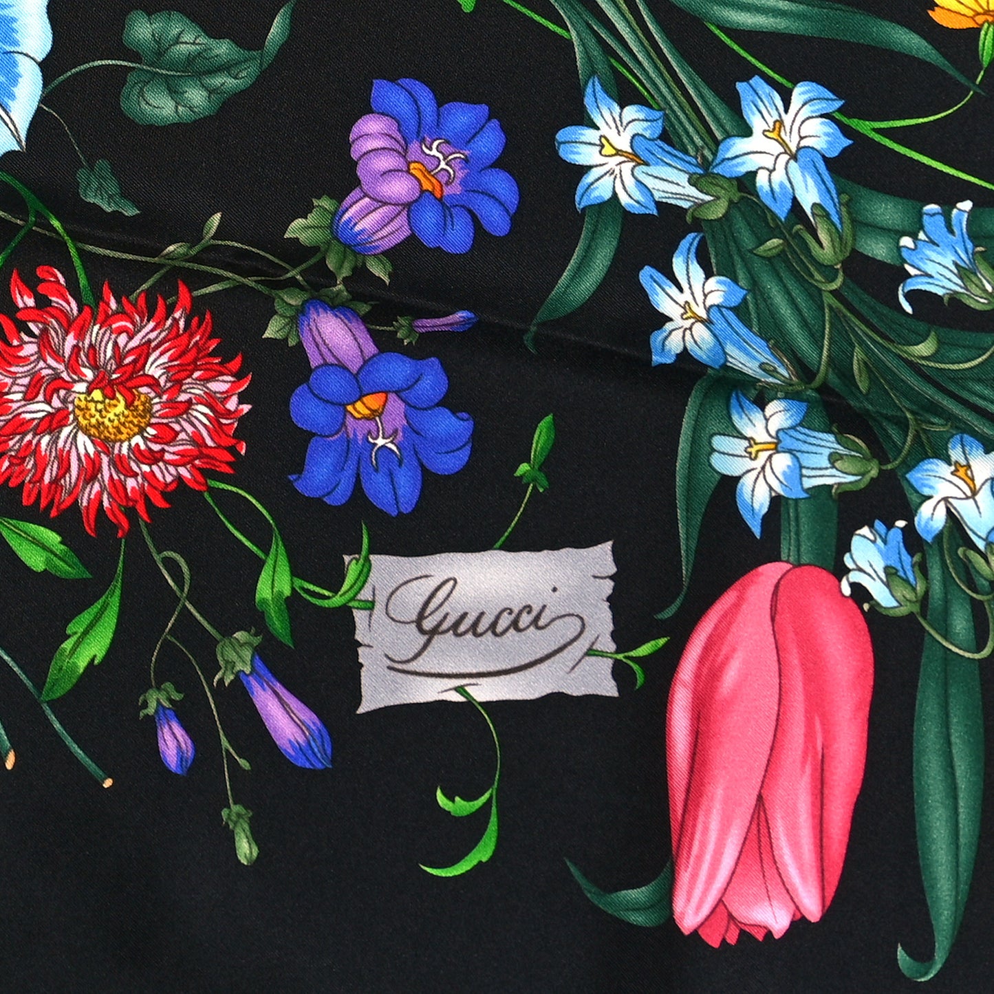 Silk Twill Flora Beauty Square Scarf Black
