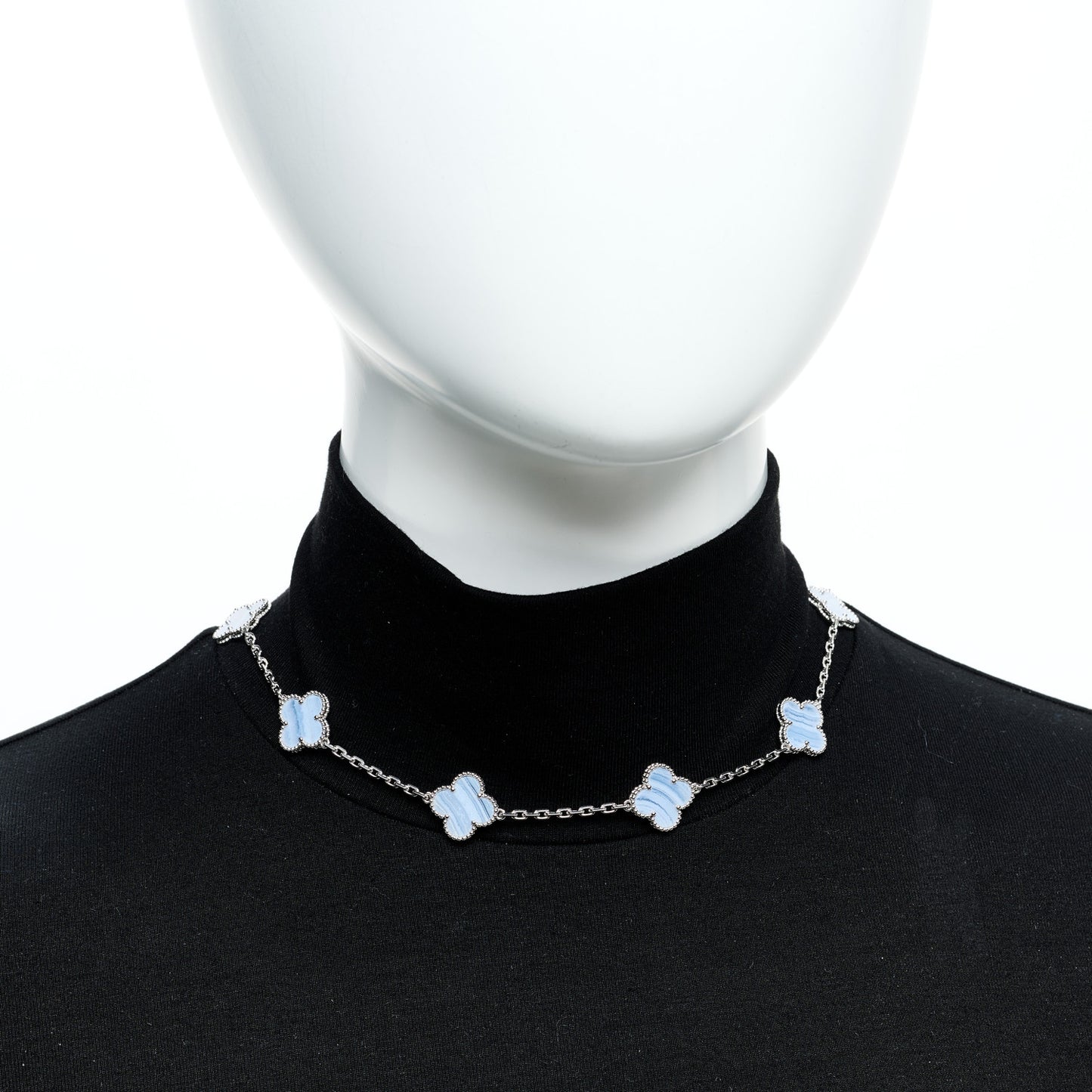 18K White Gold Chalcedony 10 Motifs Vintage Alhambra Necklace