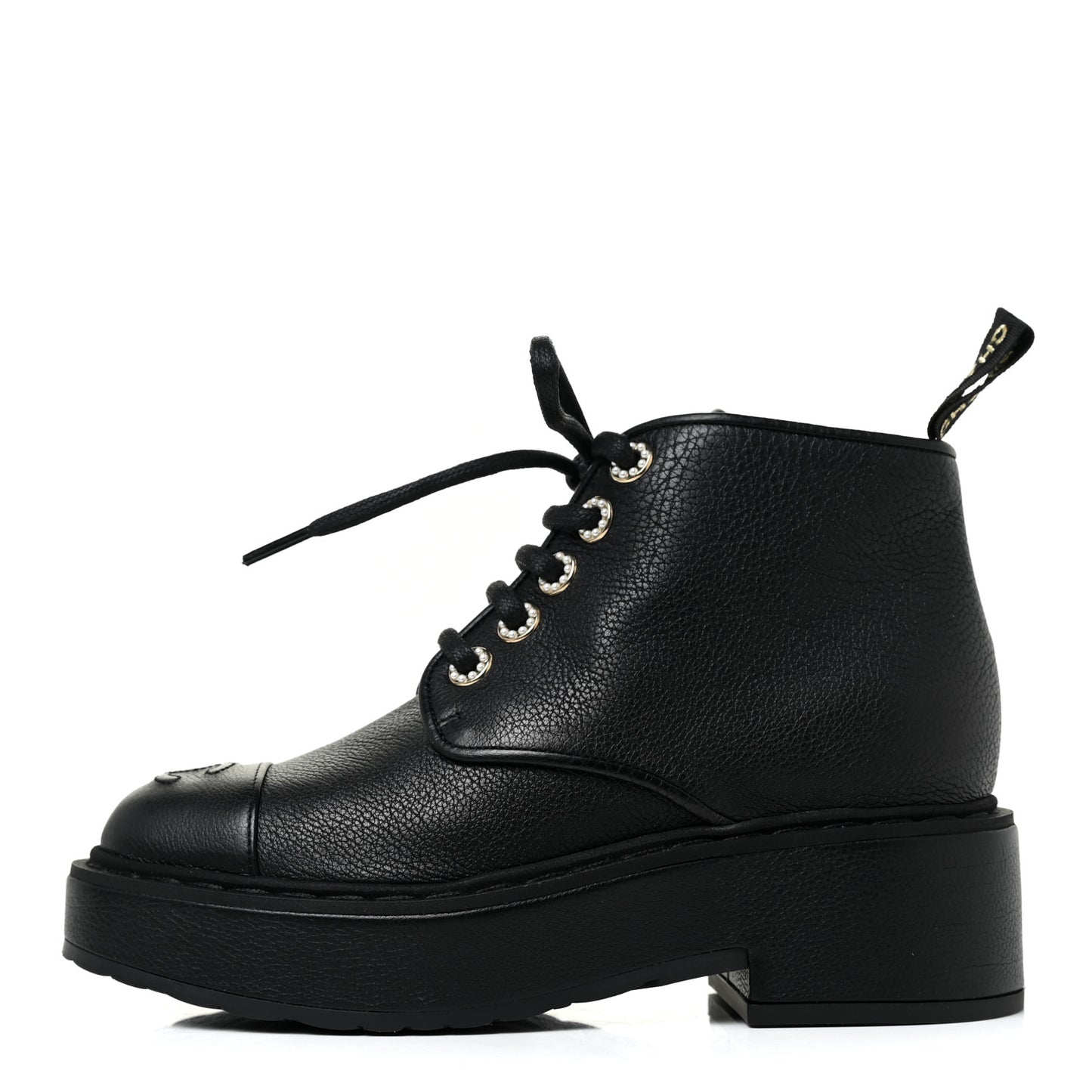 Calfskin Pearl Lace Up Combat Short Boots 35 Black