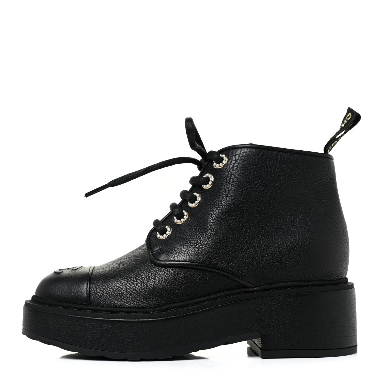 Chanel Calfskin Pearl Lace Up Combat Short Boots 35 Black 1 of 6