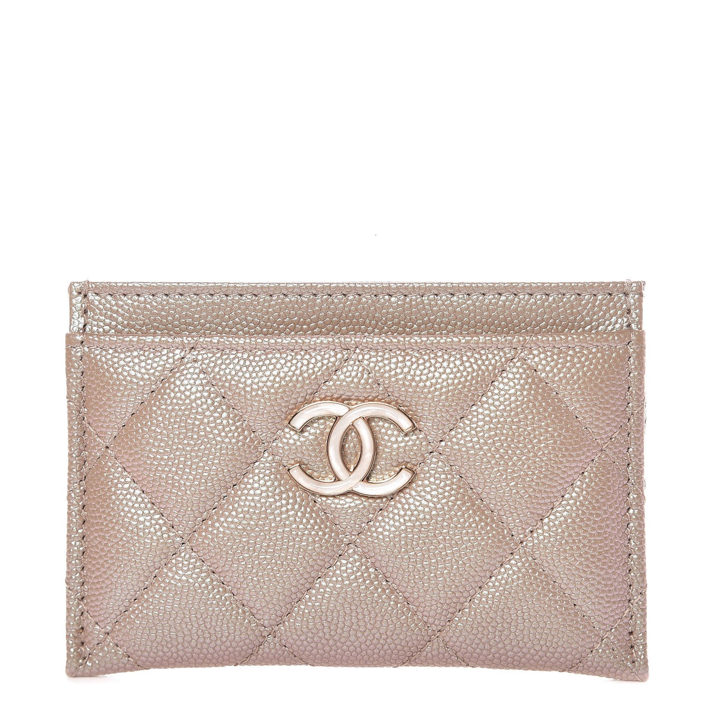 Iridescent Caviar Quilted Card Holder Beige
